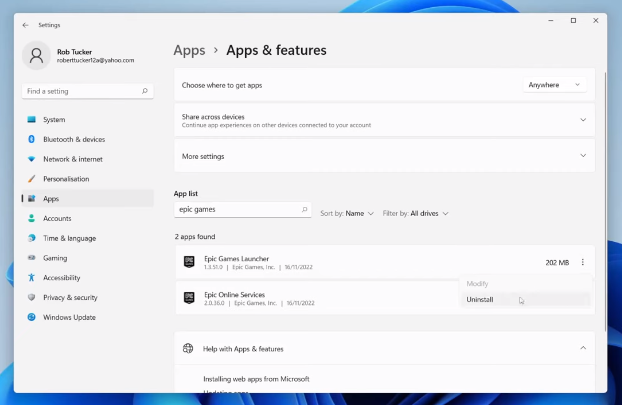 Uninstall Epic Games Launcher